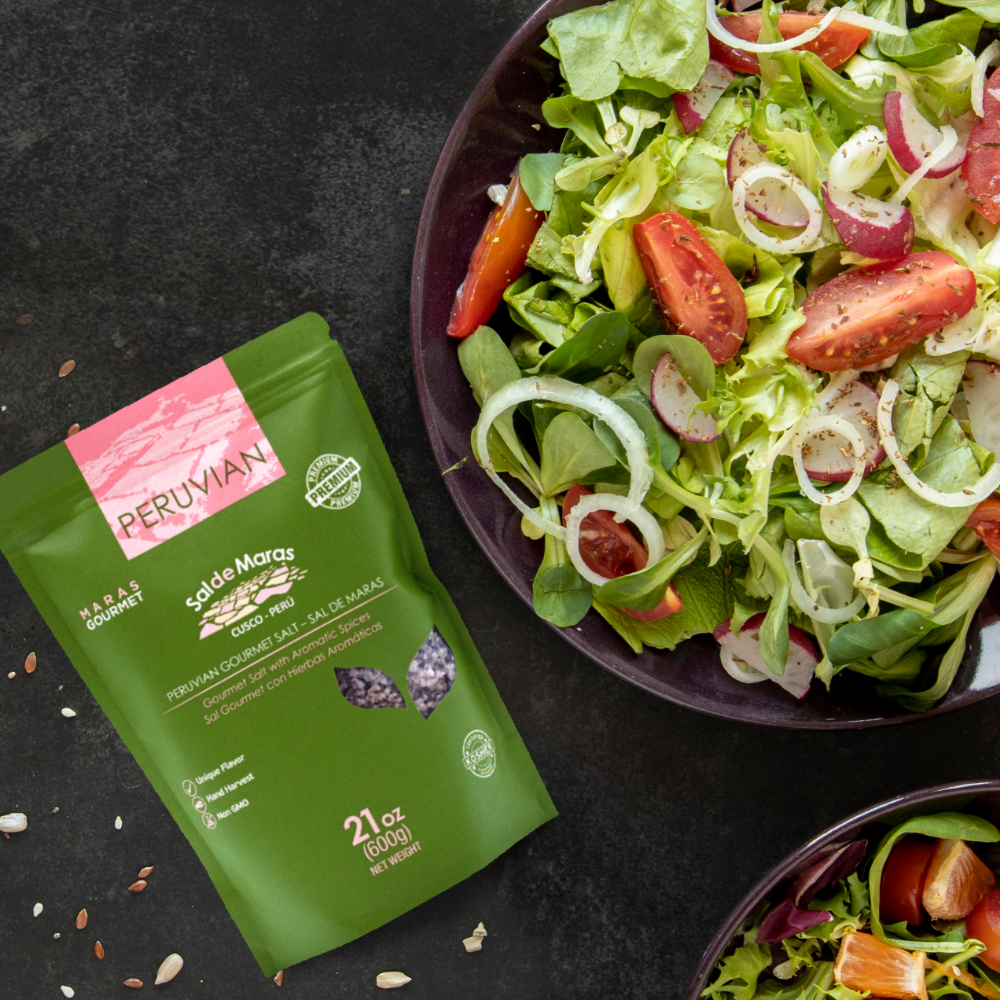 Peruvian Pink Spiced Salt with fresh salad - aromatic herb salt for cooking UK