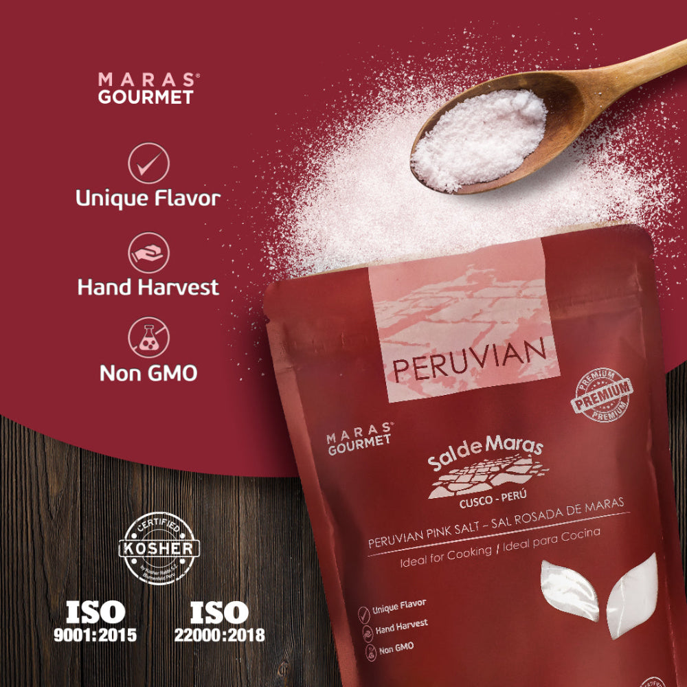 Peruvian Pink Fine Salt bag with Kosher and ISO certifications - Maras Gourmet UK