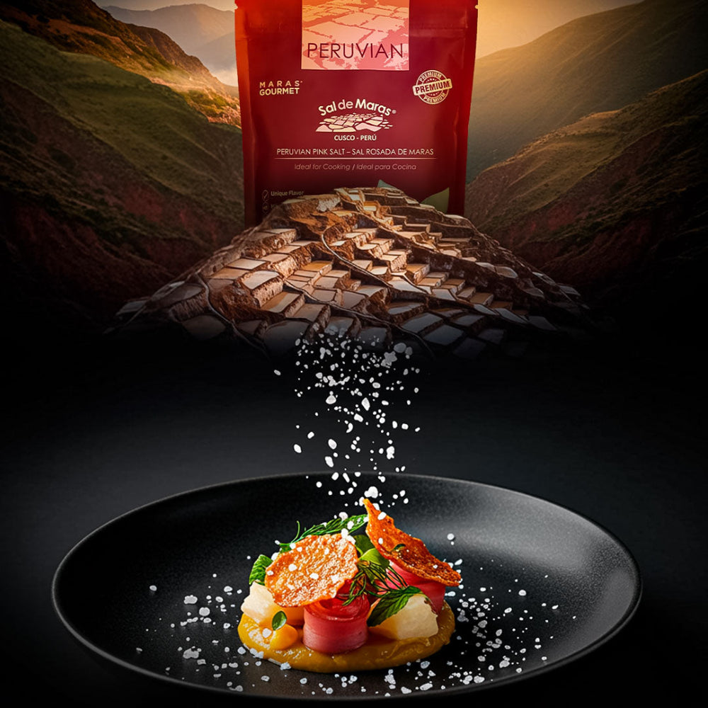 Peruvian Pink Salt seasoning gourmet dish - Andean salt from Maras hand-harvested in Peru