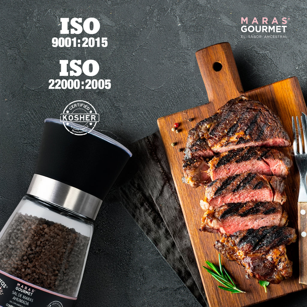 Peruvian Pink Smoked Salt Grinder with grilled meat - BBQ finishing salt Maras Gourmet UK