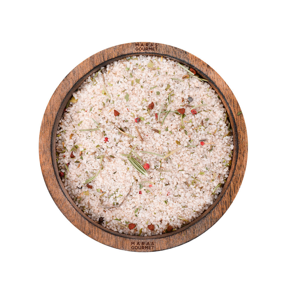 Peruvian Pink Spiced Herb Salt crystals in wooden bowl - natural herb seasoning UK