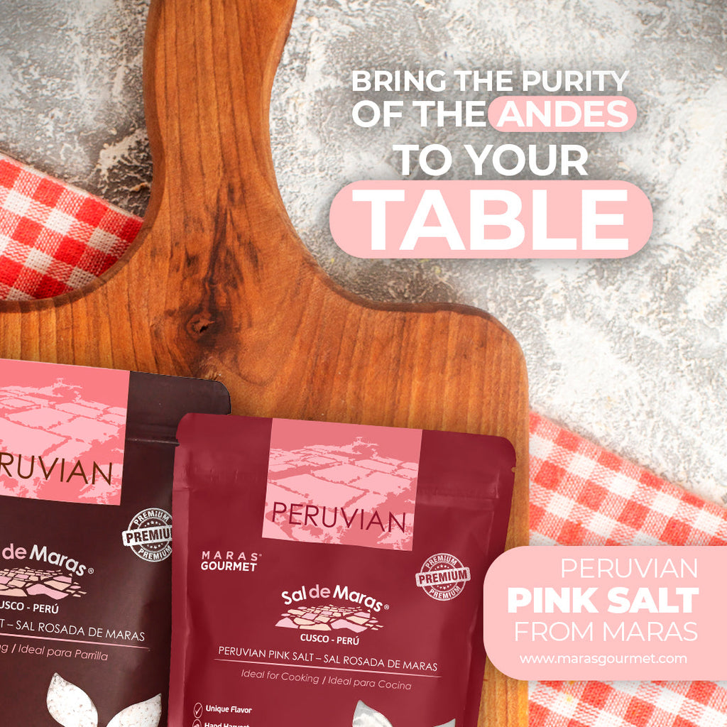 Peruvian Pink Salt bags on wooden cutting board - Sal de Maras natural seasoning UK