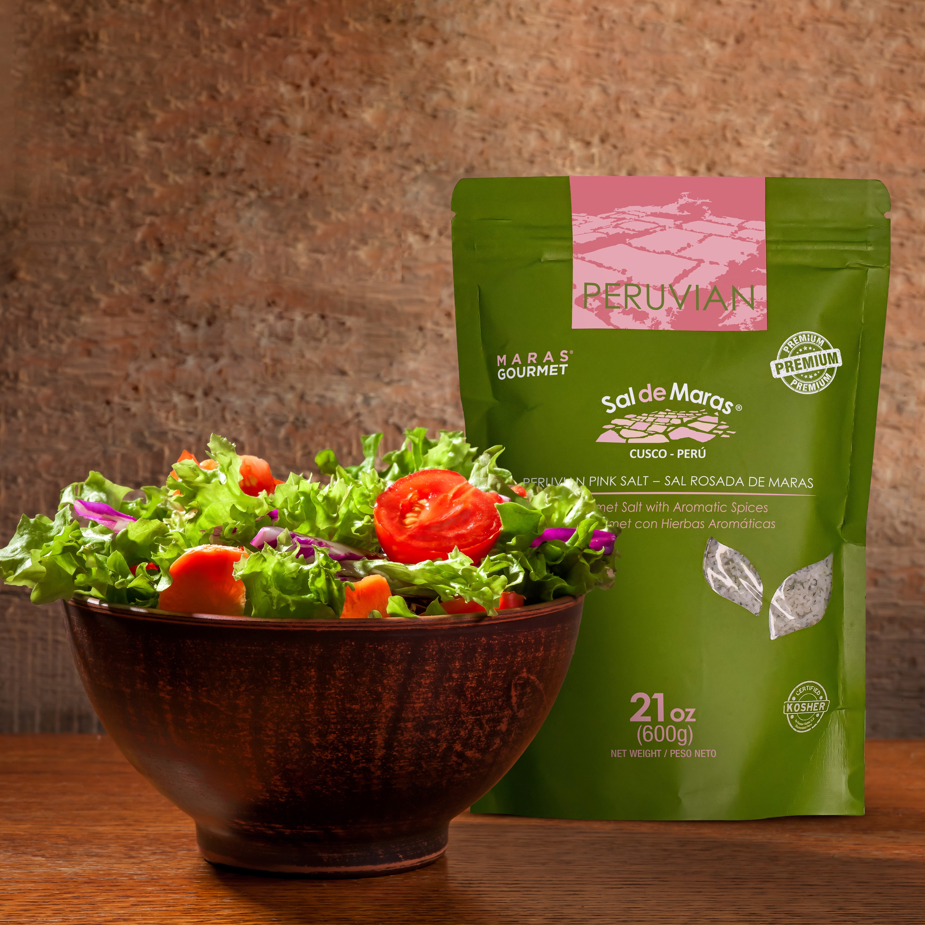 Peruvian Pink Spiced Salt seasoning salad bowl - natural herb salt from Peru UK